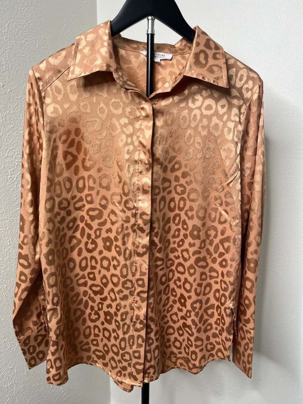 Satin Leopard Cheetah Animal Print Button-Down Blouse Glam Statement Top
